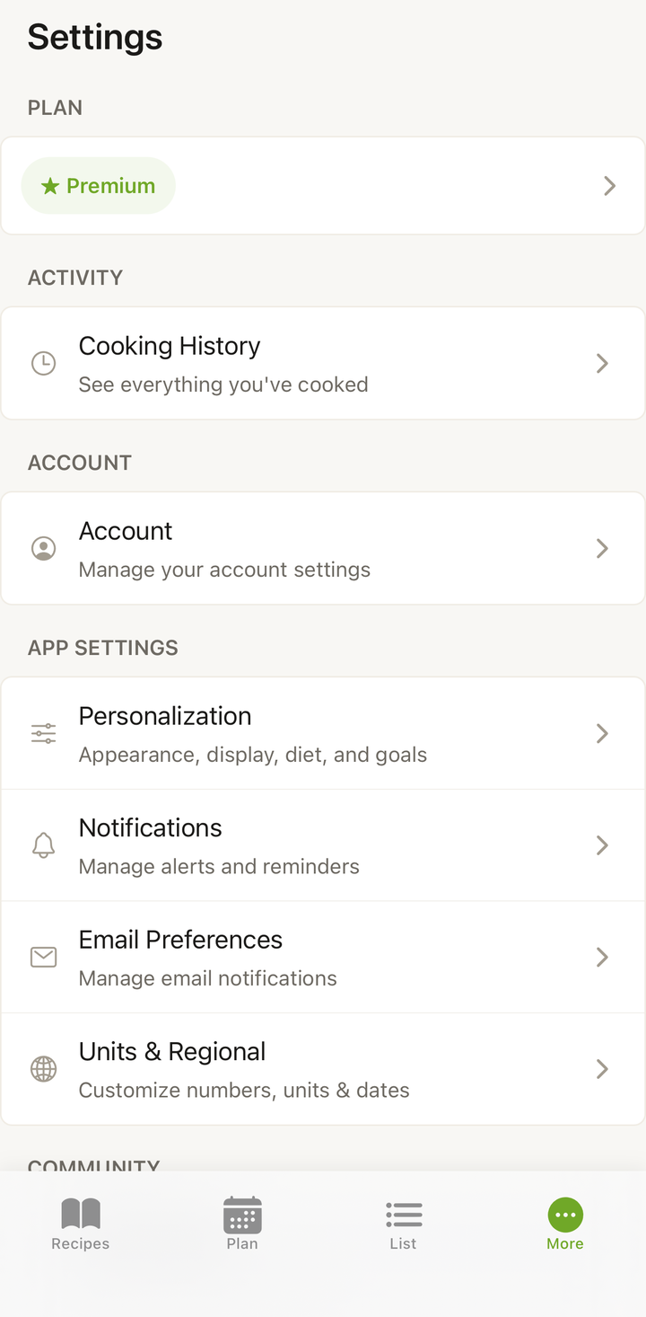 More tab with the Account row highlighted