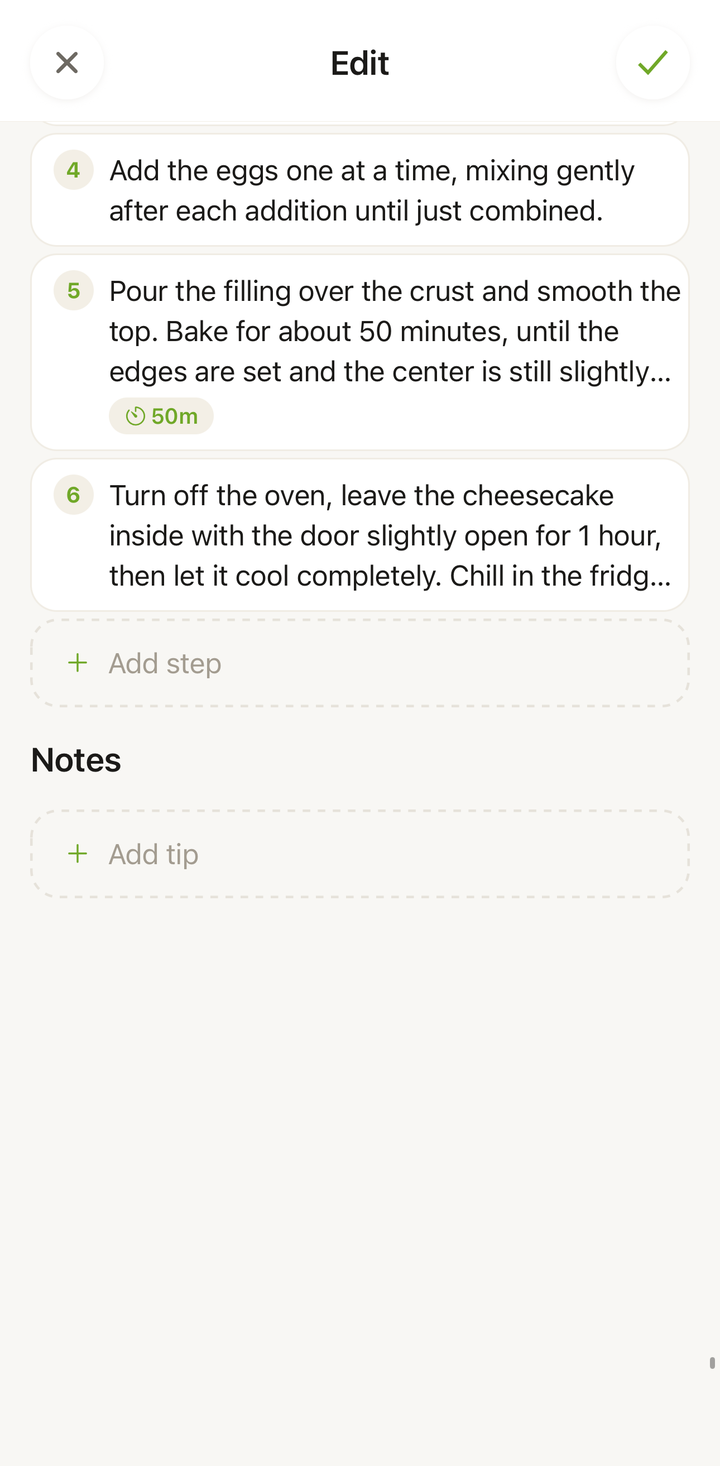 Recipe editor showing the notes section with an 'Add tip' button