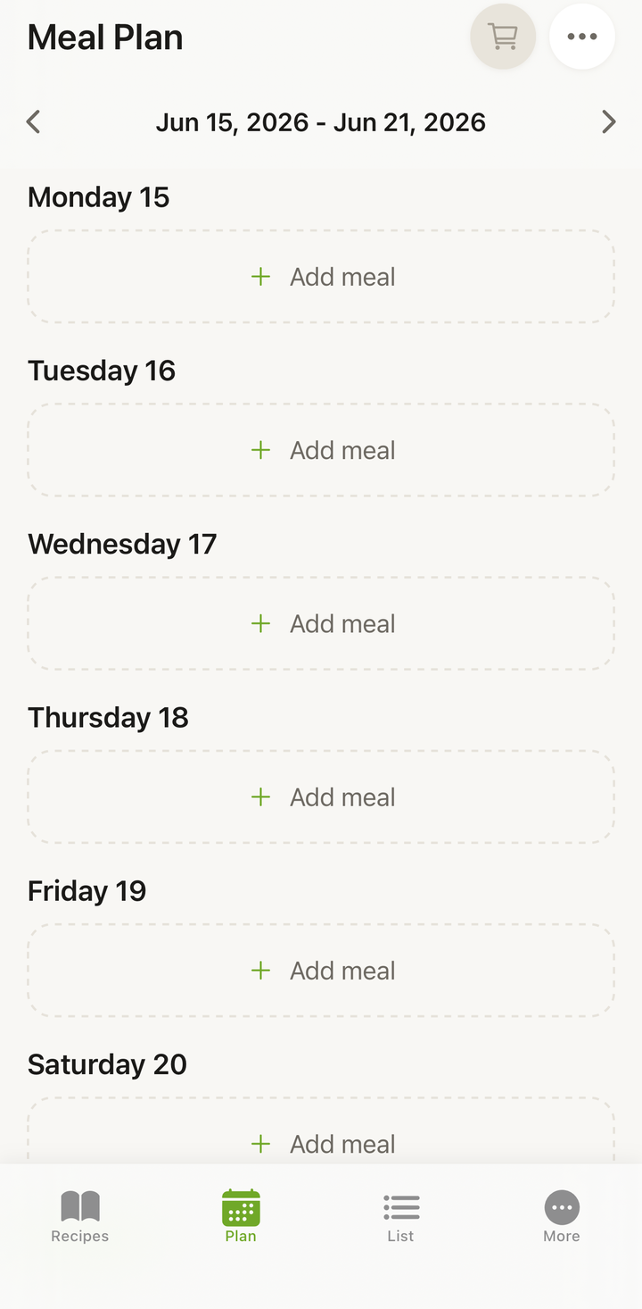 Tapping Add meal, choosing a meal type, and seeing the recipe picker with search