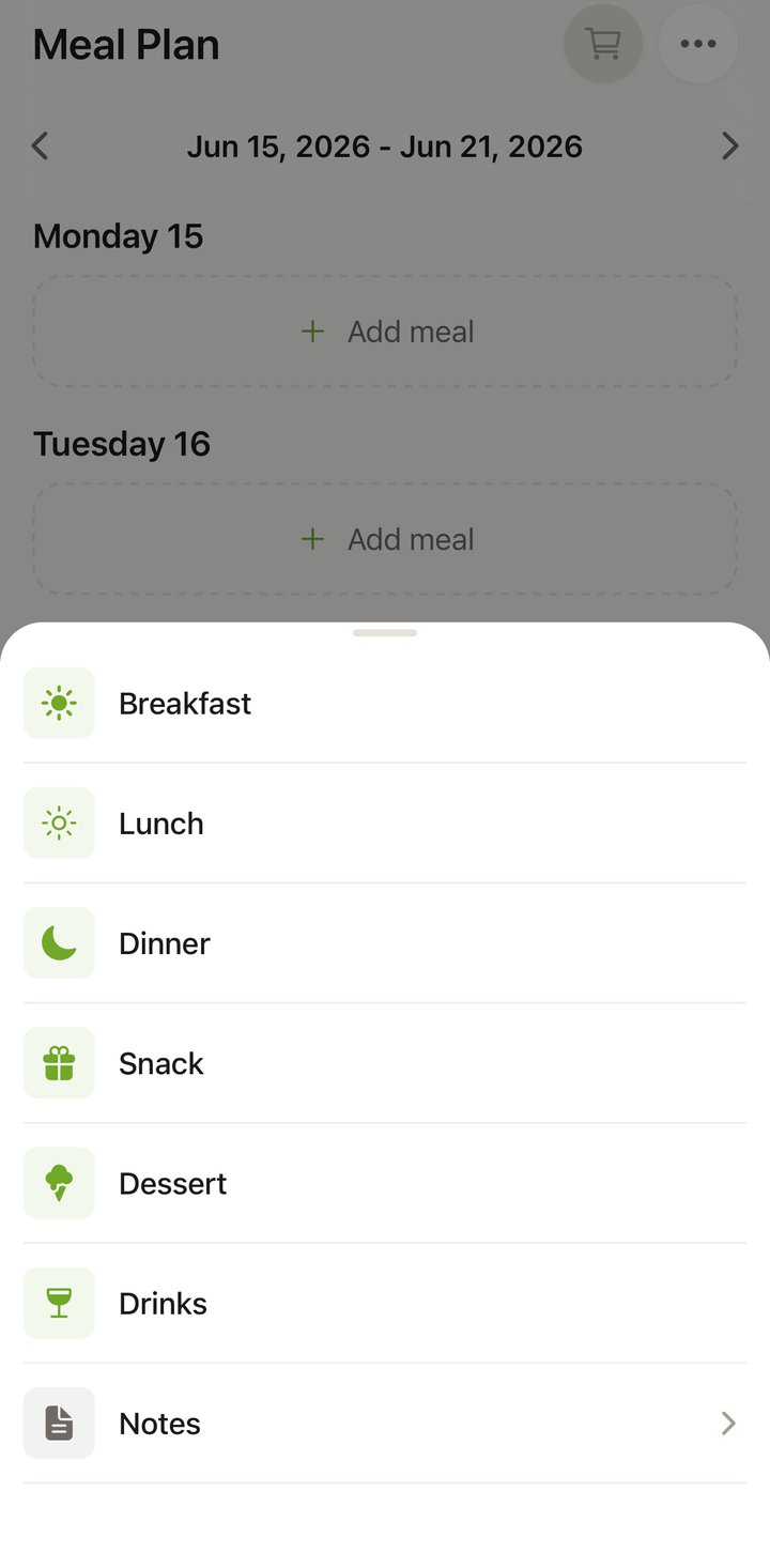 Tapping Add meal, choosing a meal type, and seeing the recipe picker with search
