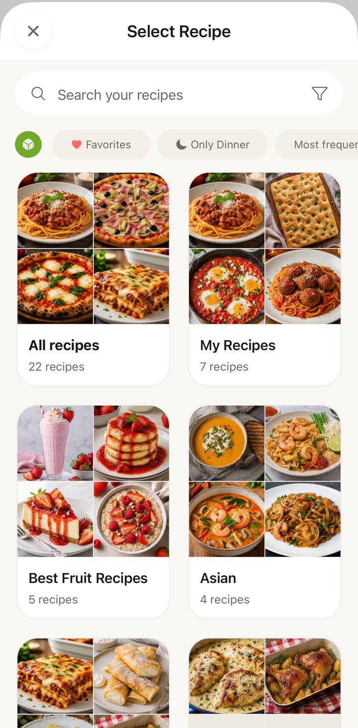 Tapping Add meal, choosing a meal type, and seeing the recipe picker with search
