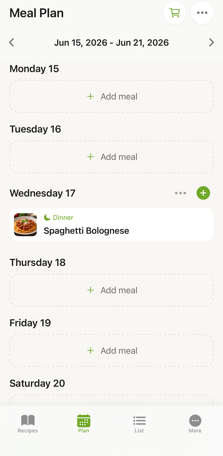 Recipe added to Wednesday Dinner slot in the meal plan