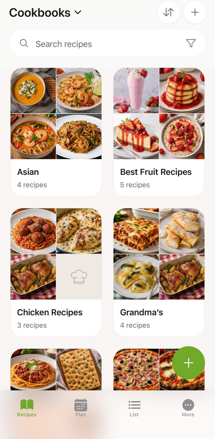 Bottom tab bar showing the Recipes, Plan, List, and More tabs