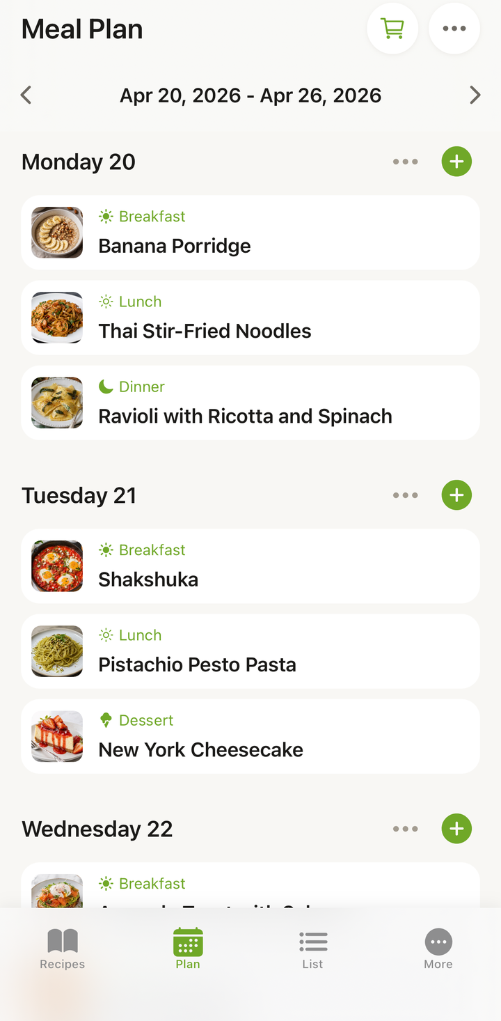 Plan tab showing a week with recipes assigned to different meal slots