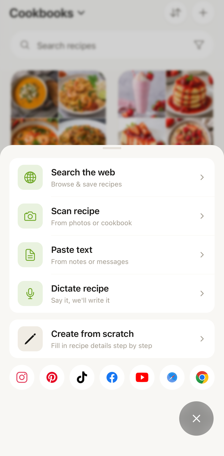 The import menu showing all five methods for adding a recipe