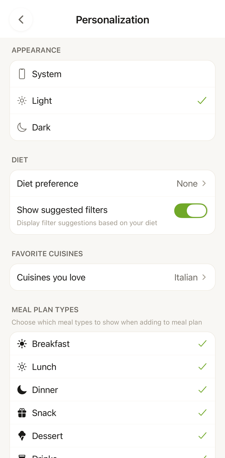 Personalization screen showing the Appearance options Light, Dark, and System