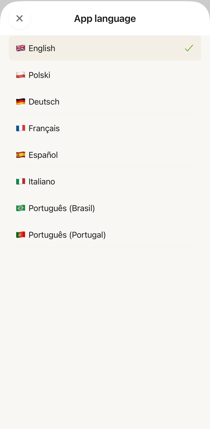 Units & Regional screen showing the App language picker with all 8 languages