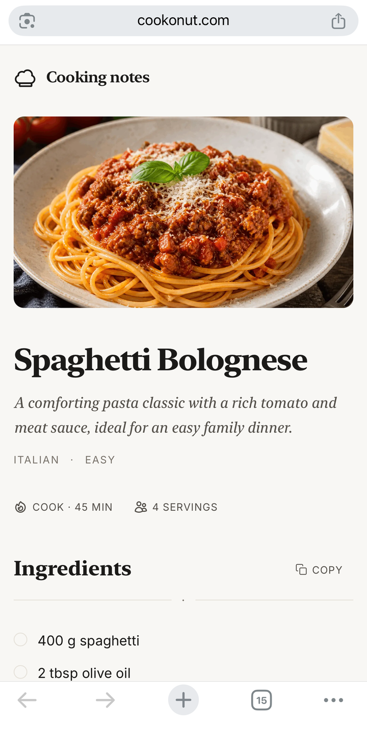 Tapping the source link to open the original recipe page in the default browser