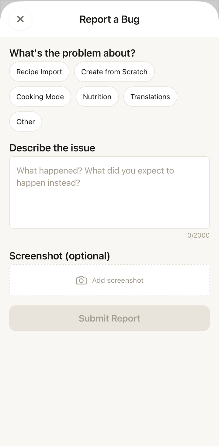 The Report a Bug screen with a category, description field, and screenshot option