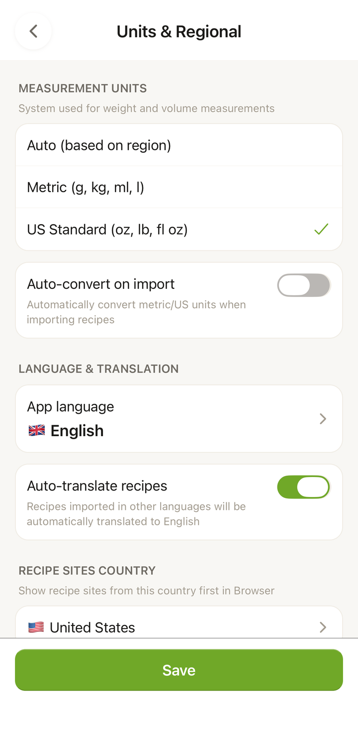 Units settings showing Metric and Imperial options