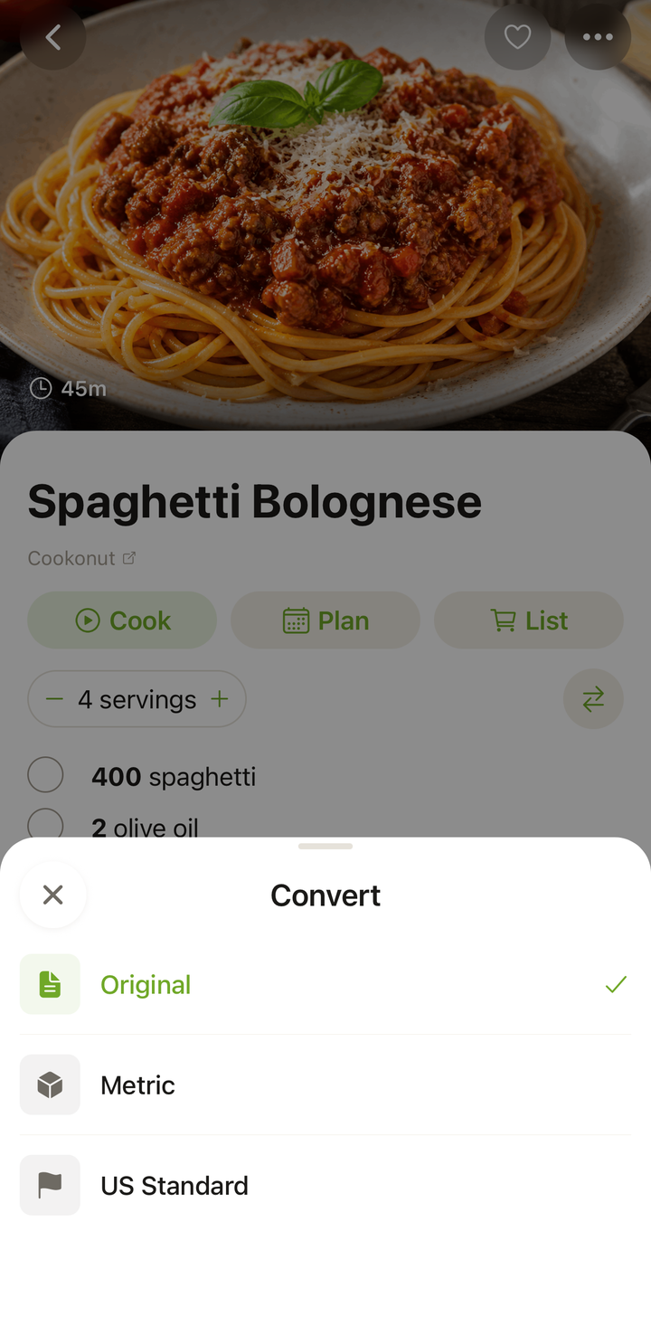 Recipe ingredients showing the Convert control and converted measurements