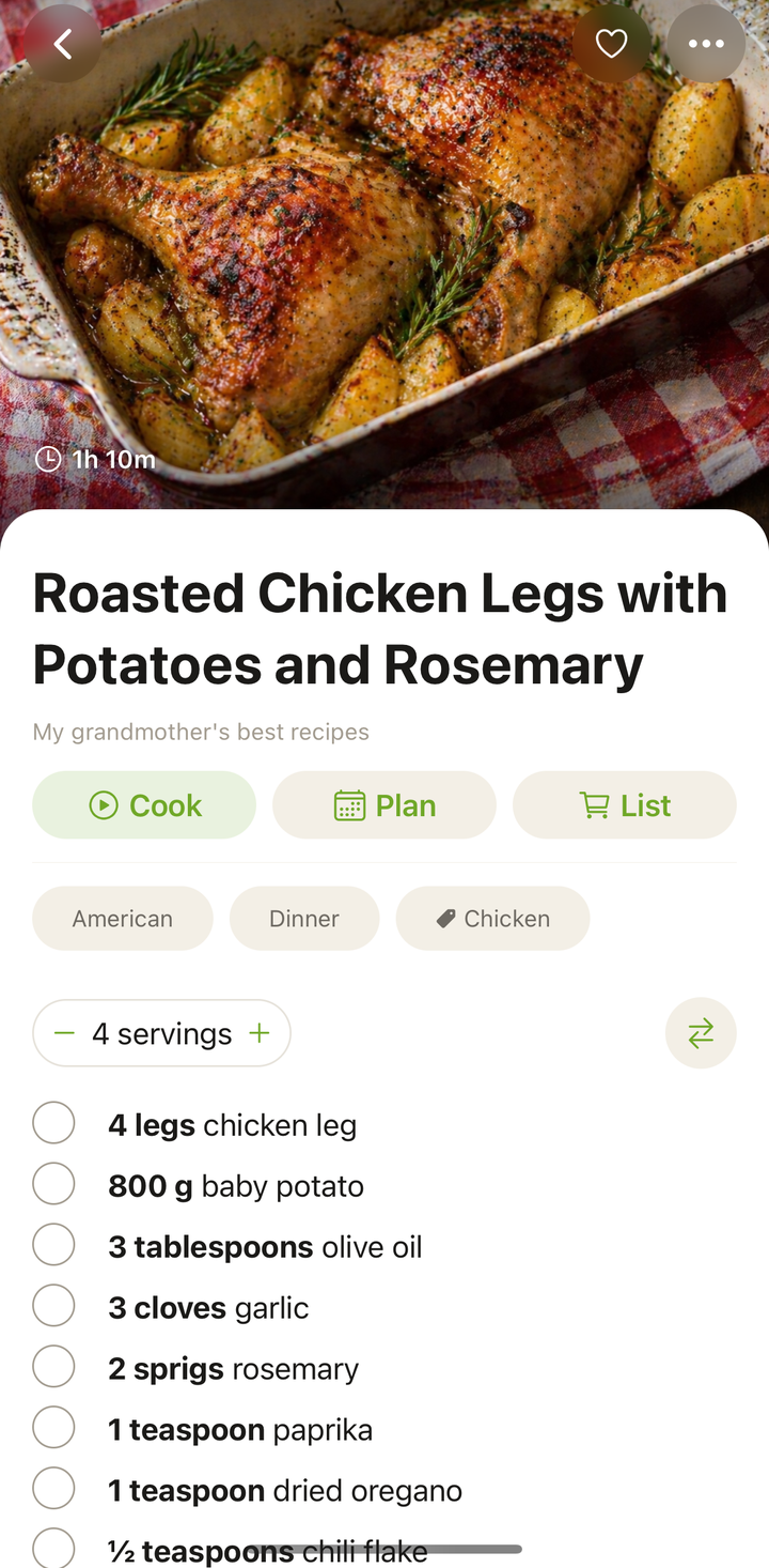 Recipe detail view with the 'Cook' button prominently displayed