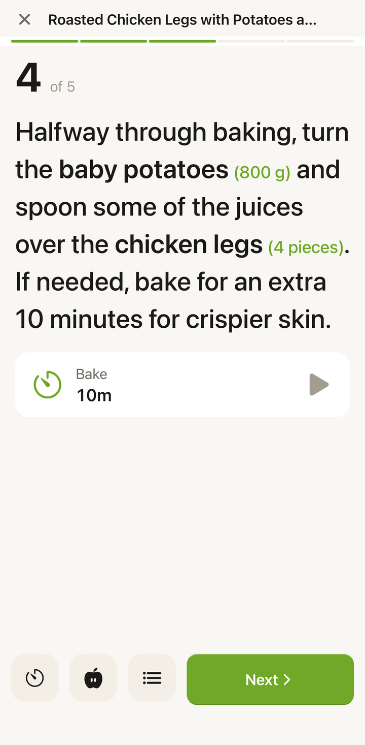 Cooking mode showing a single step with large text and a Next button