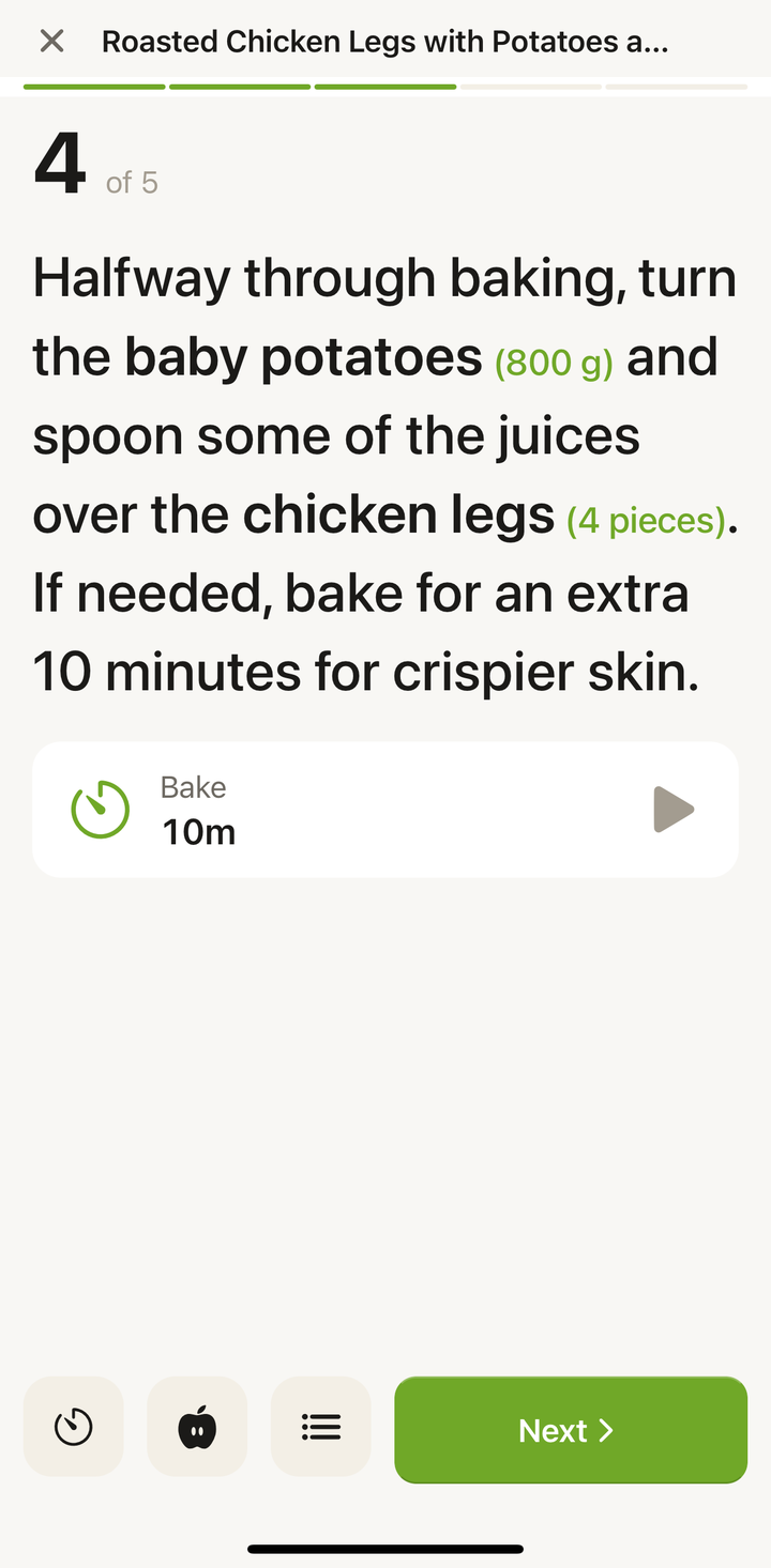 A cooking mode step showing 'Bake for 25 minutes' with a timer button ready to tap