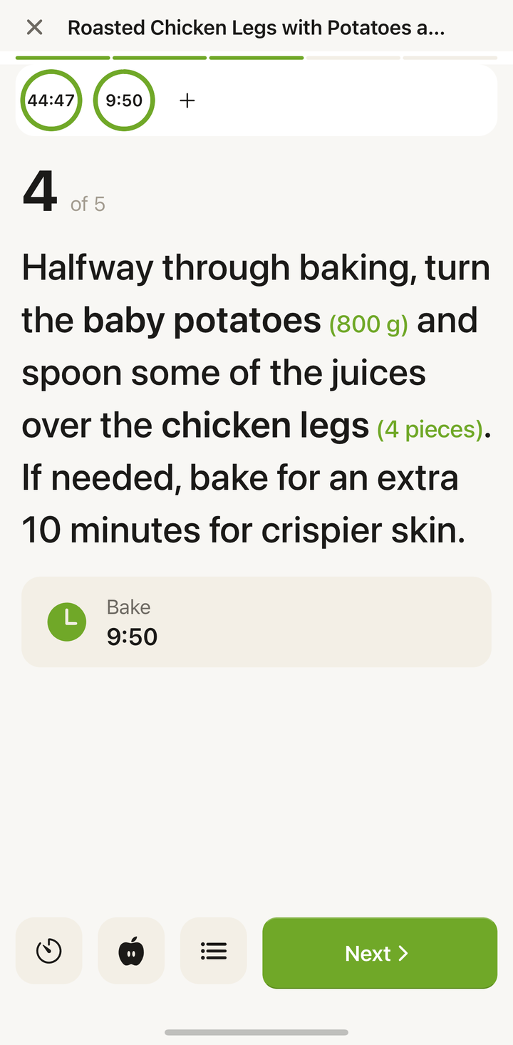 Timer panel showing two active timers — 'Bake chicken' at 18:30 and 'Cook rice' at 12:45