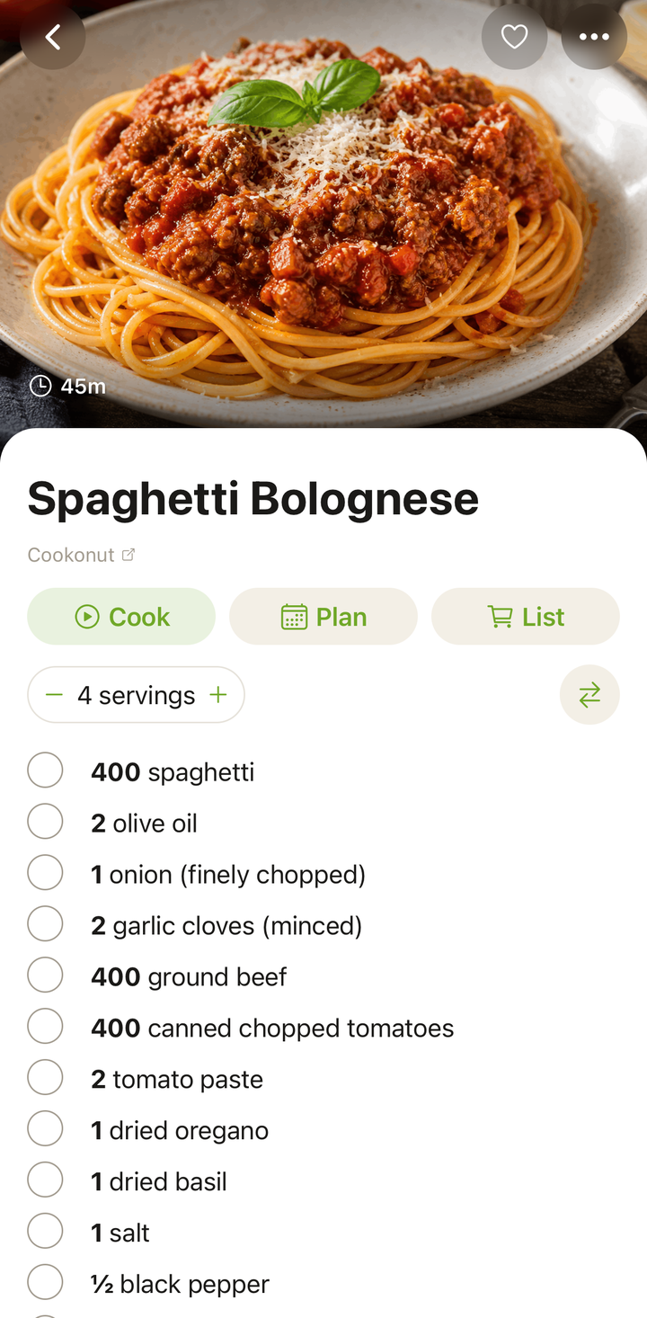 A saved recipe showing the 'Source' link pointing back to the original website