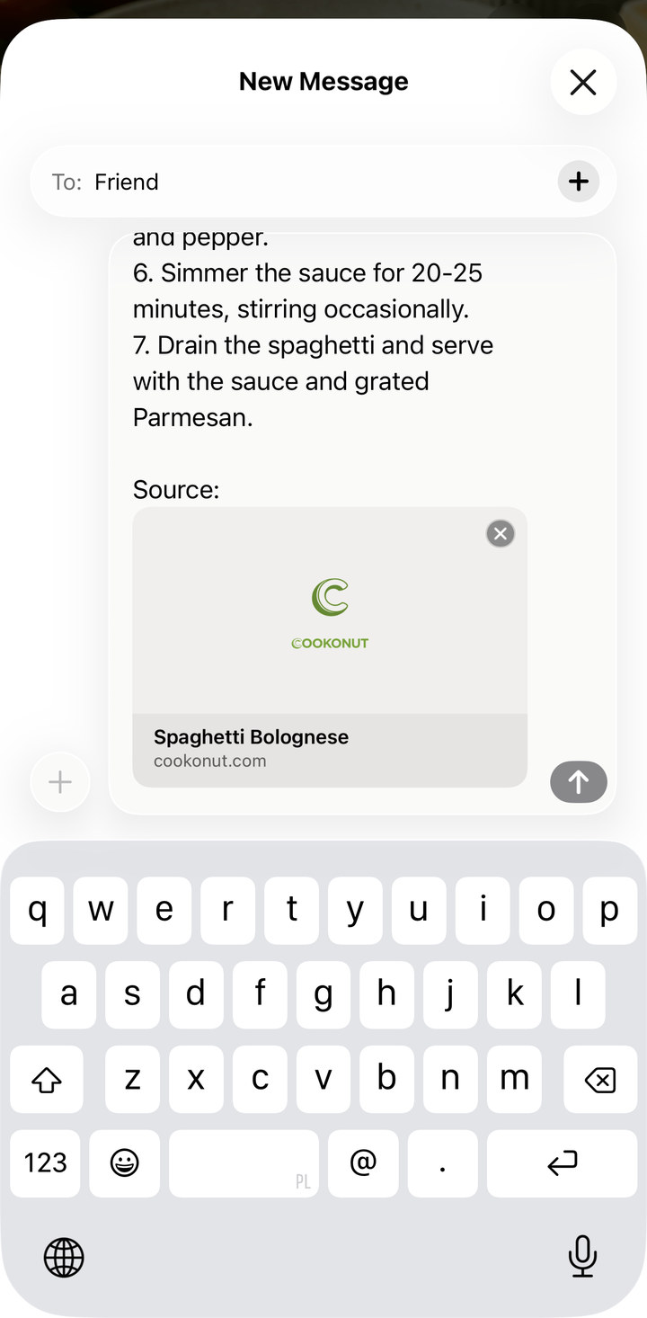 Sharing a recipe via text message with the source link visible at the bottom