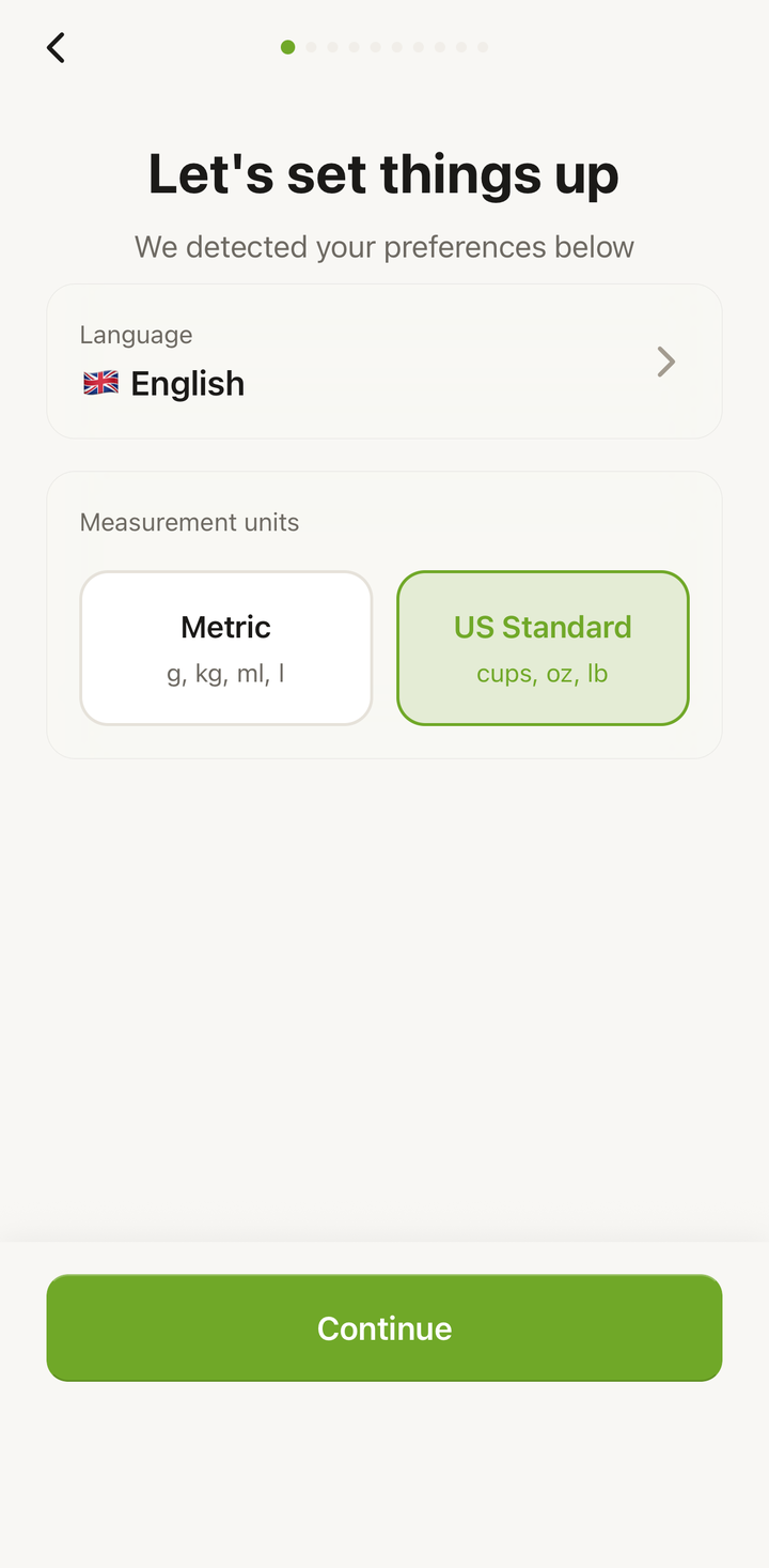 Quick onboarding steps — language and units selection