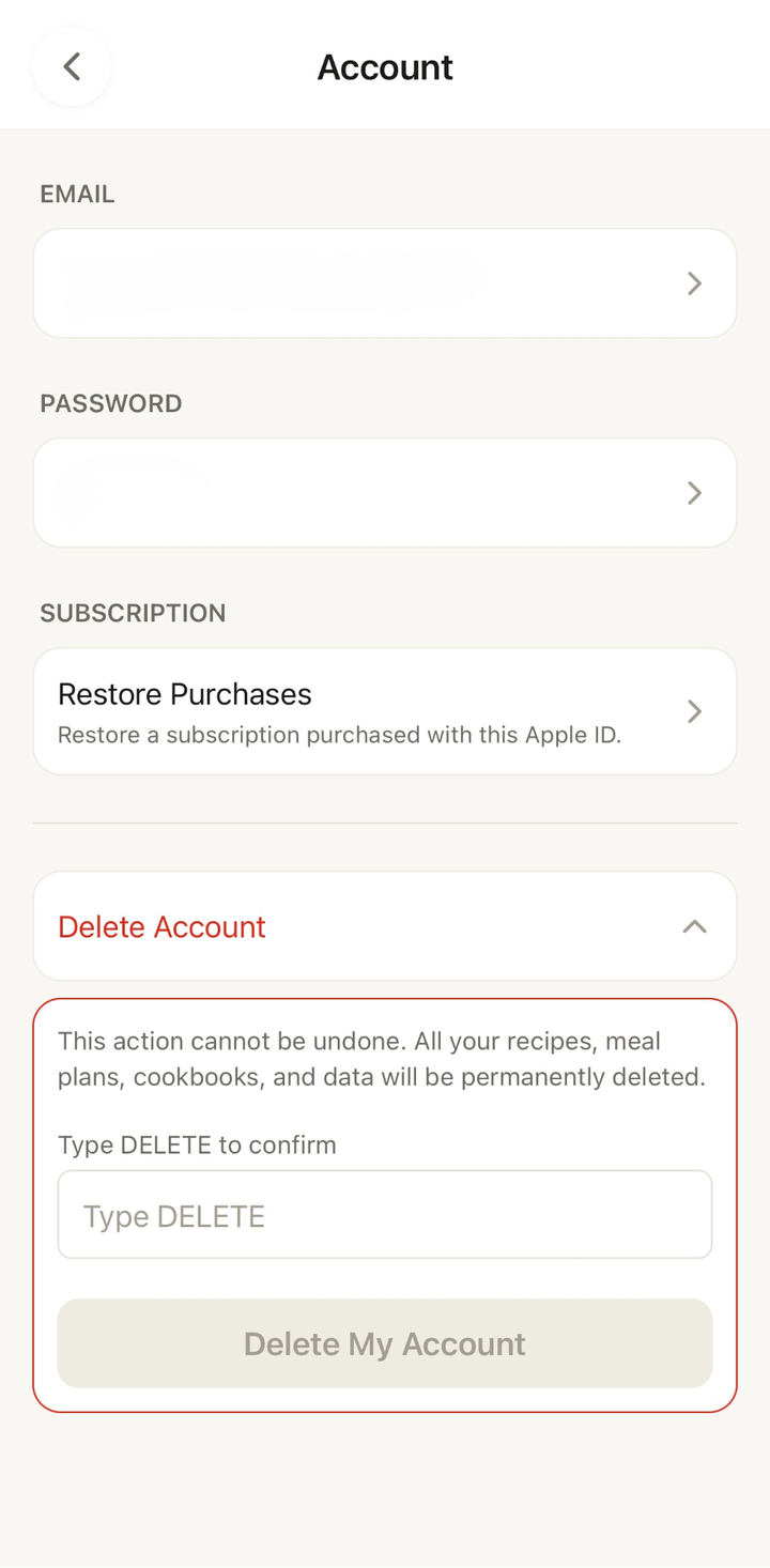 Delete Account confirmation screen with warning text and Delete button