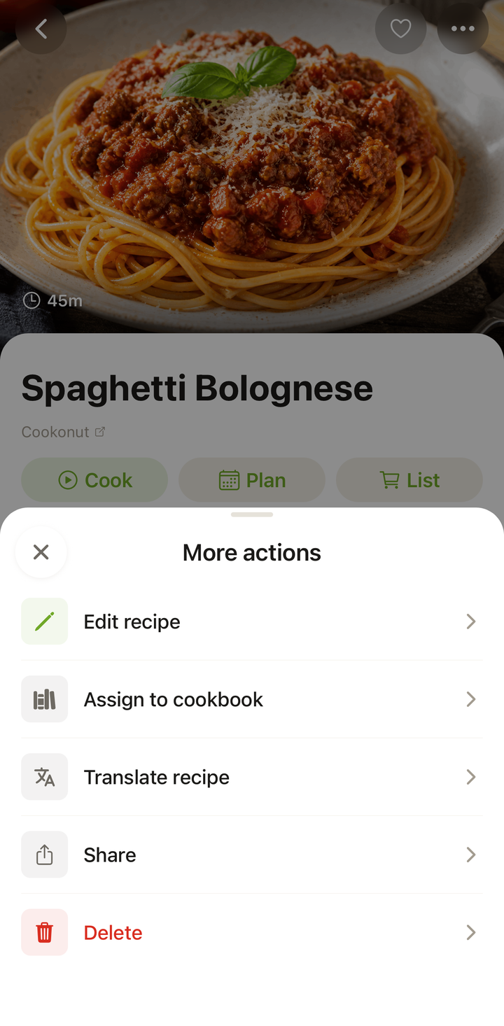 ••• options menu on a recipe with the 'Delete' option visible
