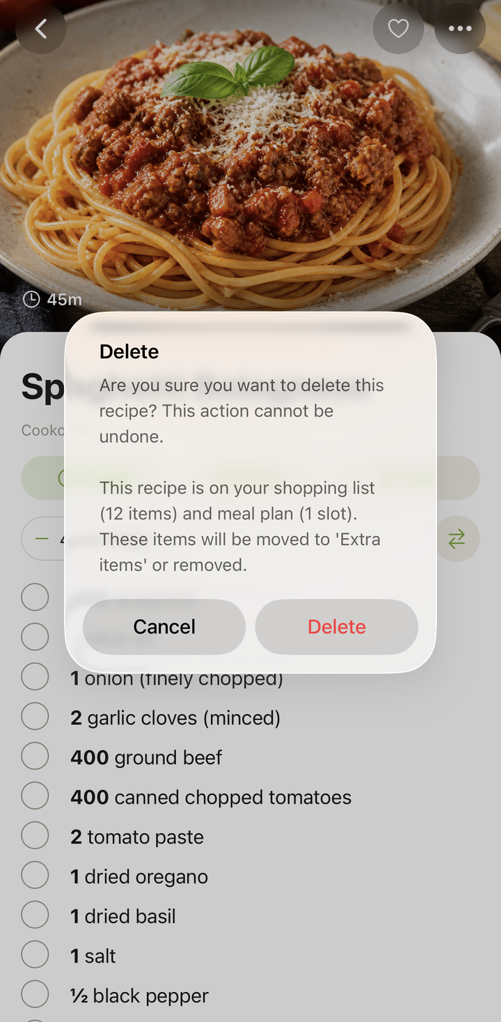 Deletion confirmation dialog asking 'Are you sure you want to delete this recipe?'