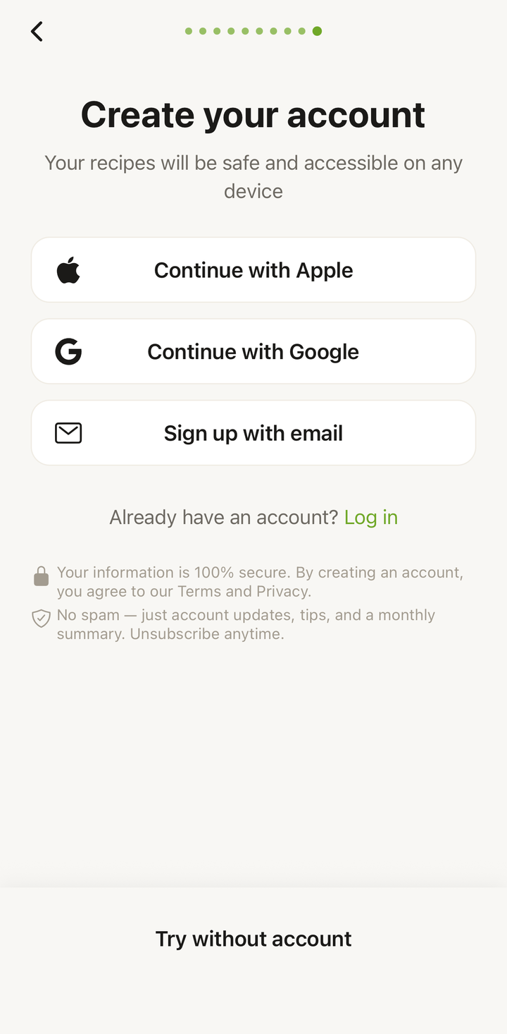 Welcome screen with Apple, Google, and Email sign-up options