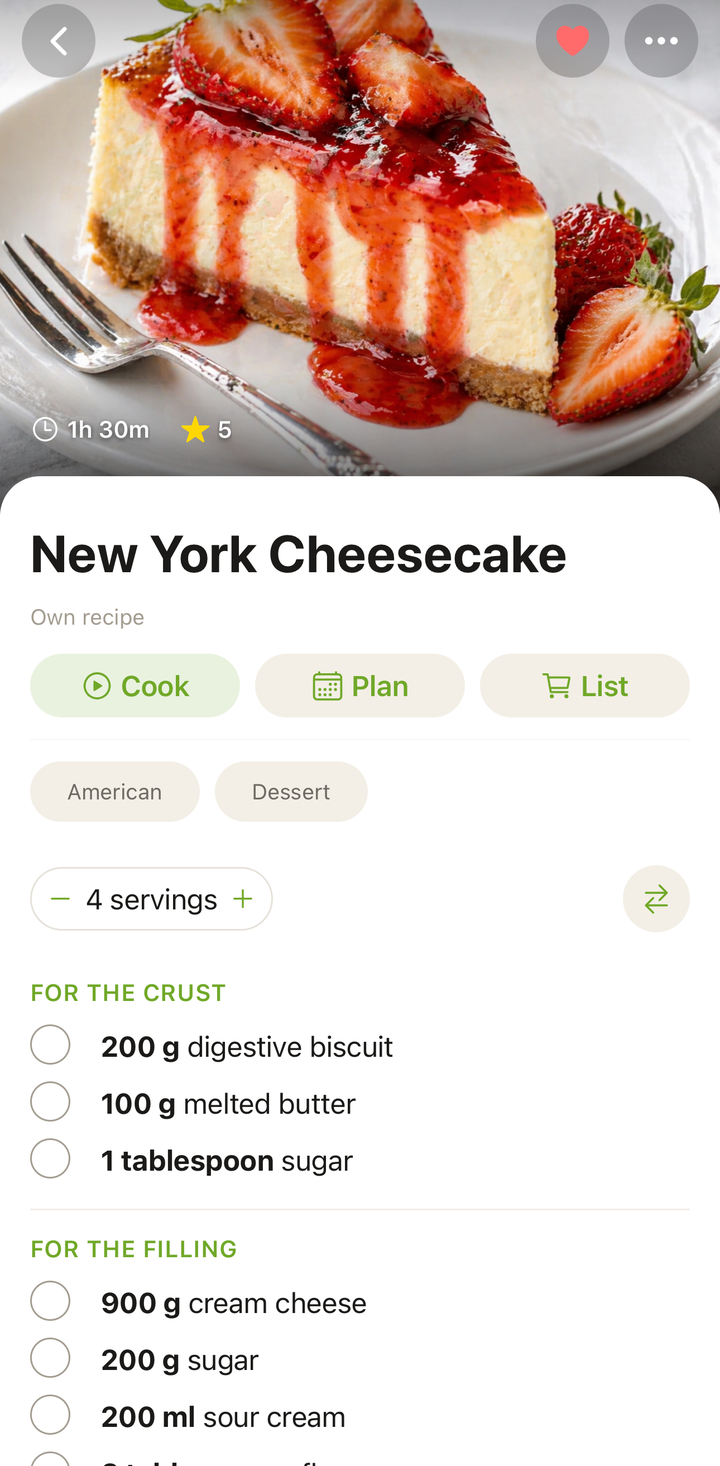 Recipe detail view with the ••• options button highlighted