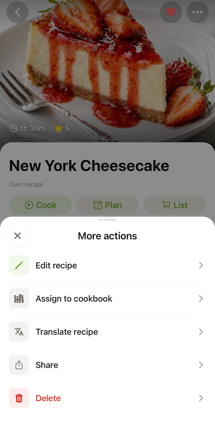 Recipe detail view with the ••• options button highlighted
