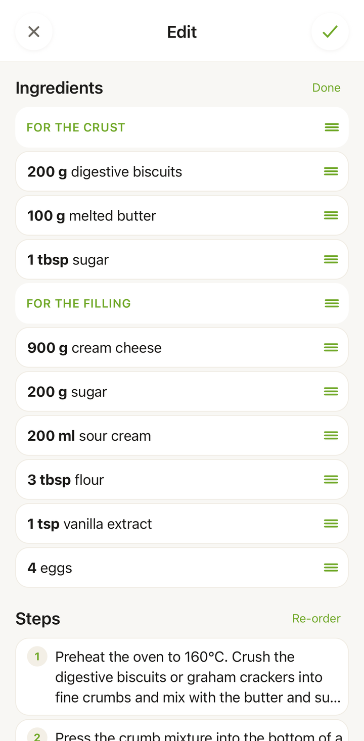 Recipe editor showing ingredients being edited with drag handles visible