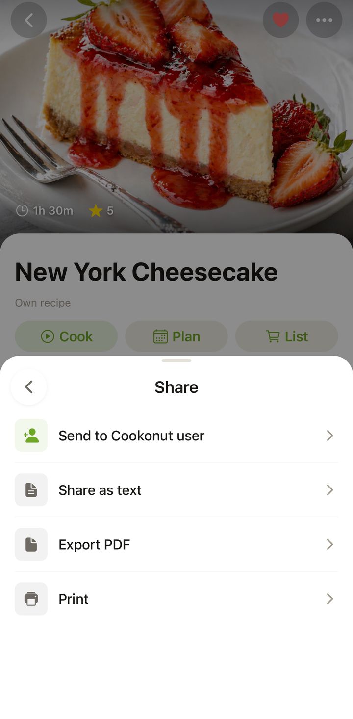 PDF export opening the share sheet with a beautifully formatted recipe with photo, ingredients, and steps