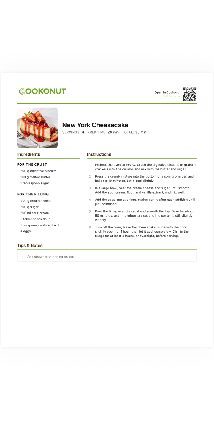 PDF export opening the share sheet with a beautifully formatted recipe with photo, ingredients, and steps