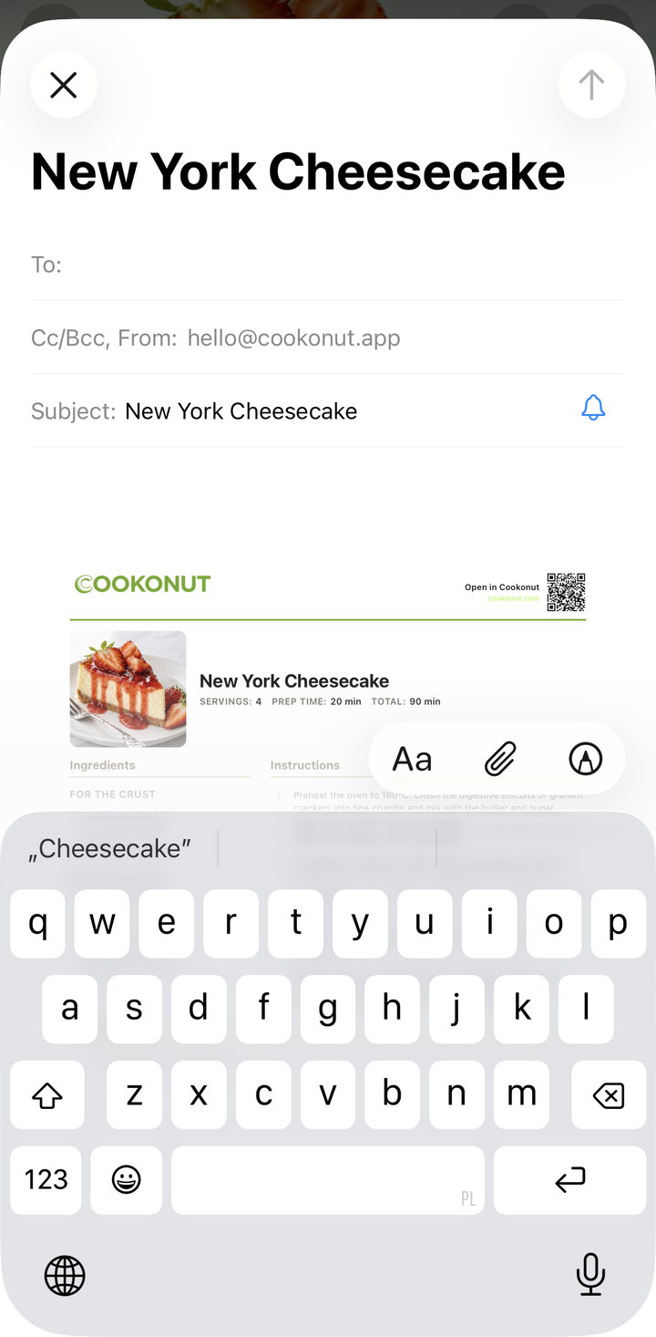 A recipe PDF being shared via email