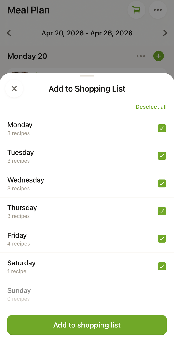 Plan header cart icon and the Add to Shopping List modal with days selected