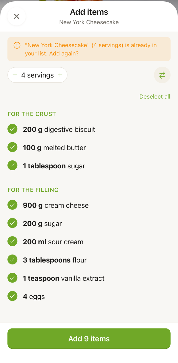 Recipe options menu showing 'Add to Shopping List' option