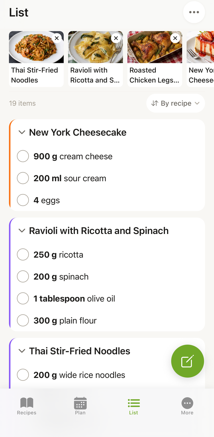 Shopping list in By recipe view showing items grouped under recipe names