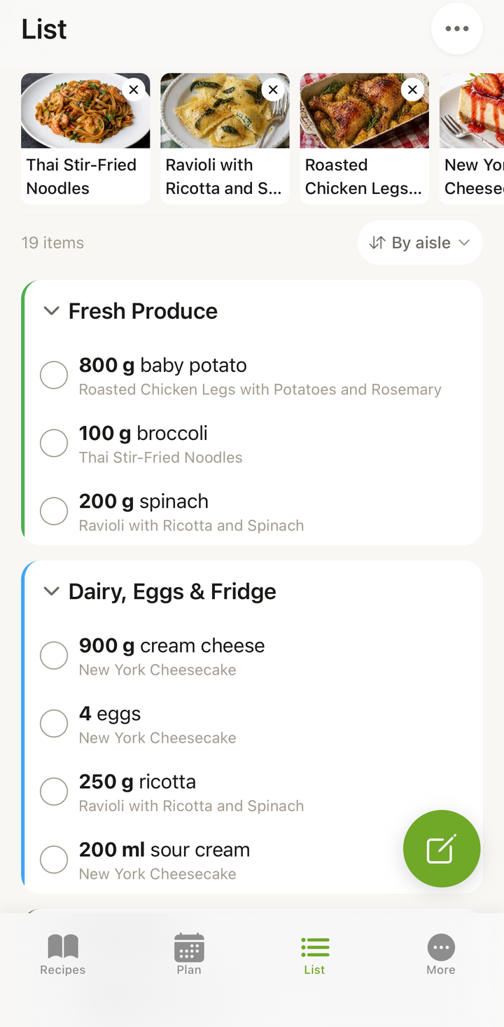 Shopping list in By aisle view showing items grouped under Fresh Produce, Dairy, Meat & Seafood, and Dry Pantry headers