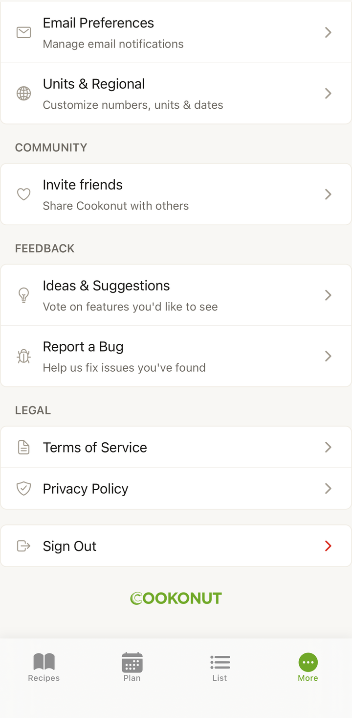 Account screen with the Sign Out button at the bottom