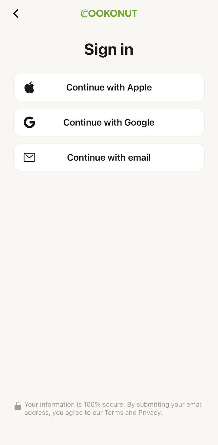 Sign-in screen after signing out, showing Apple, Google, and Email options