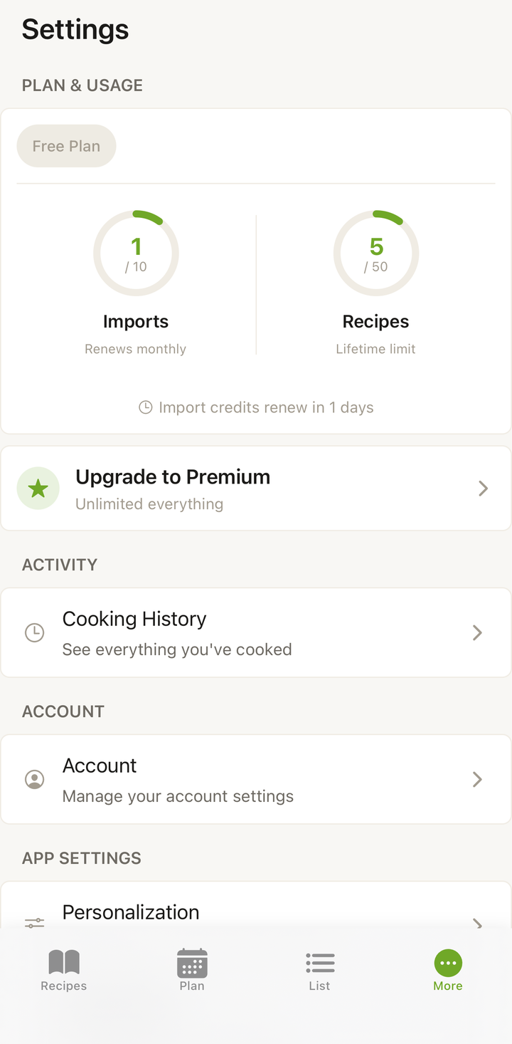 Settings screen showing '7 of 10 credits remaining' with a reset date