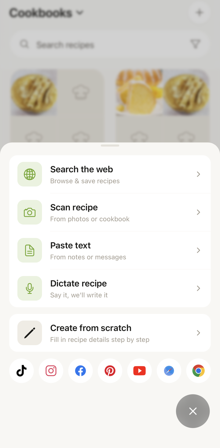 The Add Recipe hub showing all five import methods