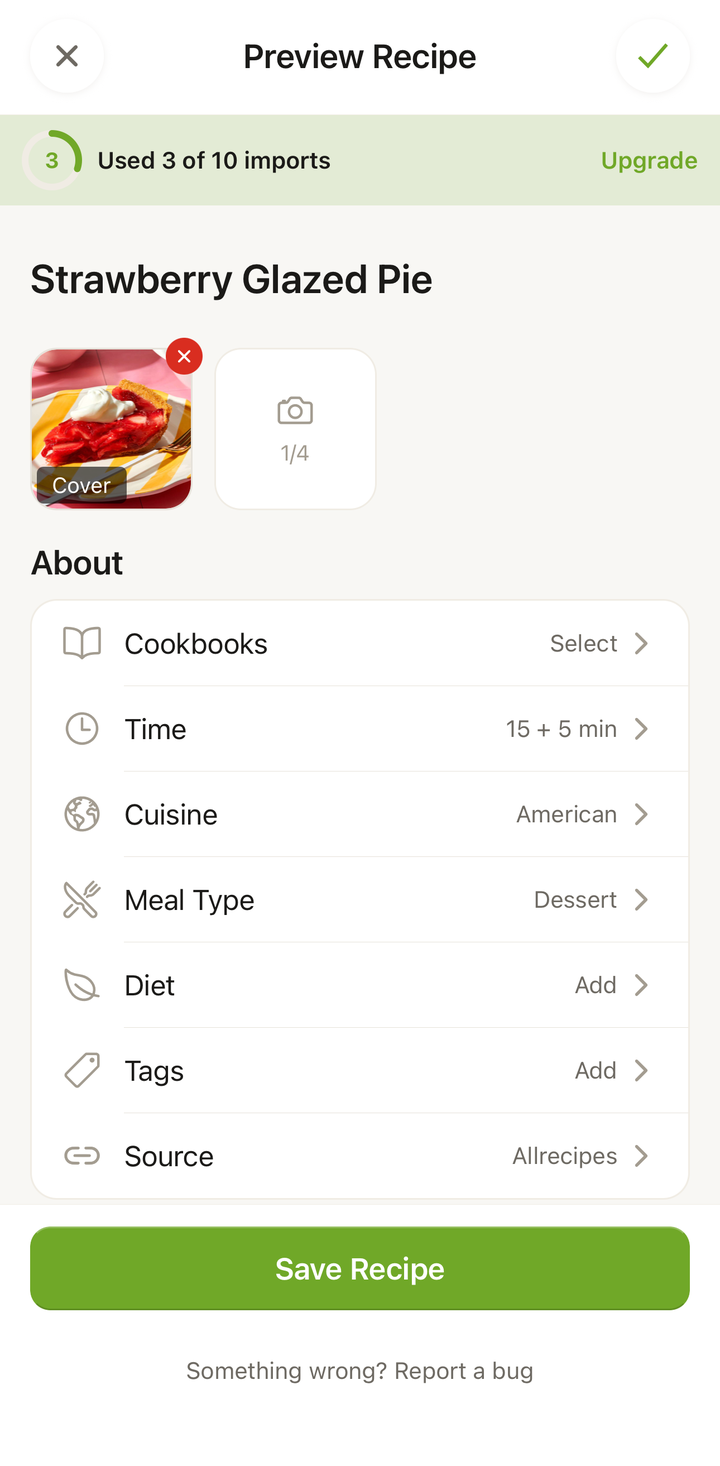 Import preview screen with recipe details ready for review