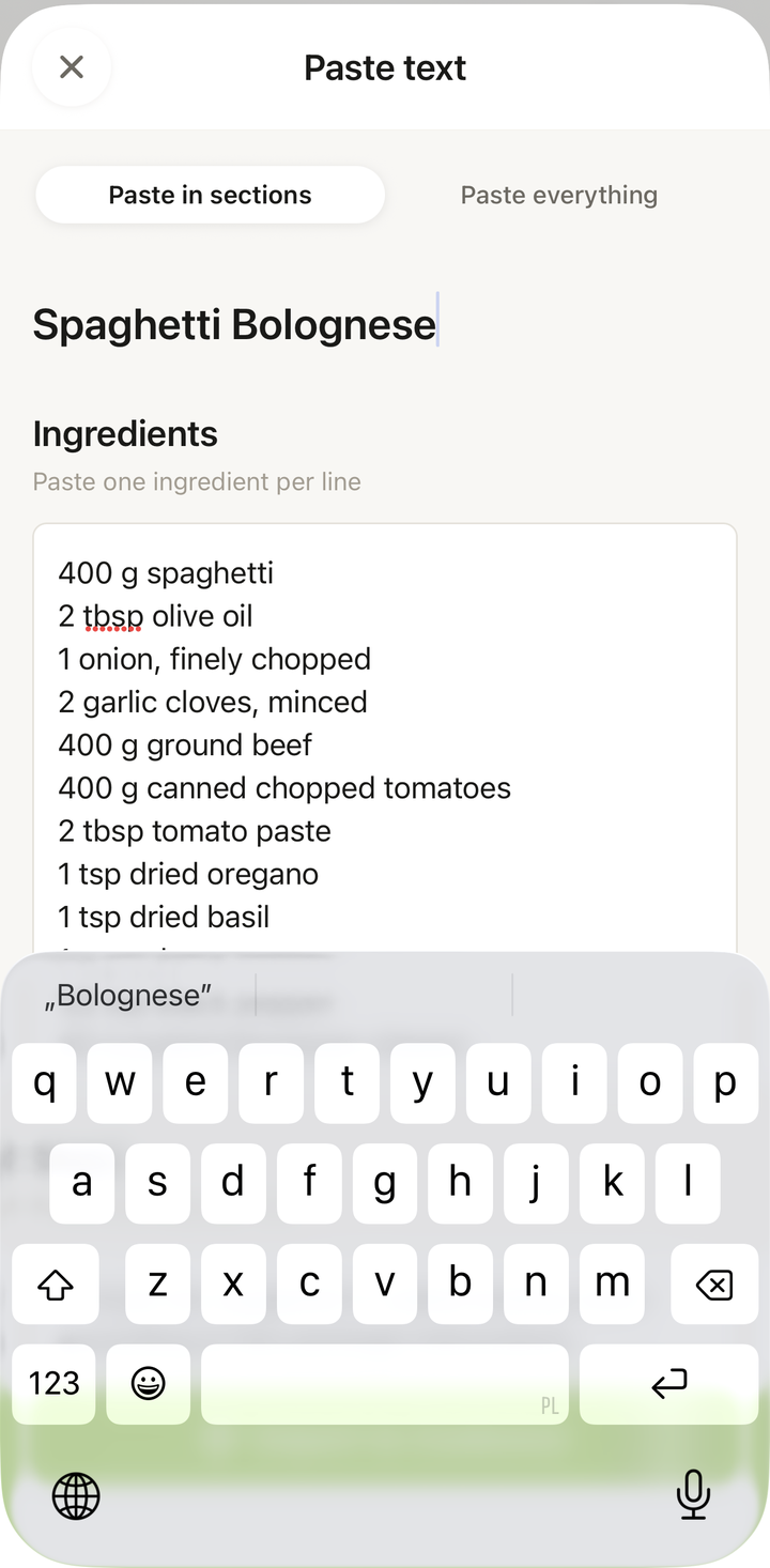 Paste text import screen with recipe text pasted into the text field
