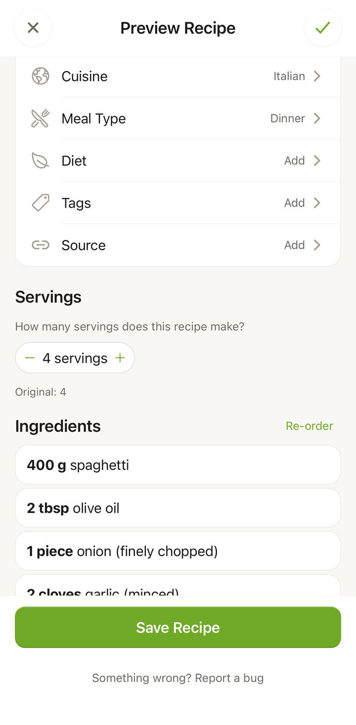 Import preview showing a recipe structured from pasted text