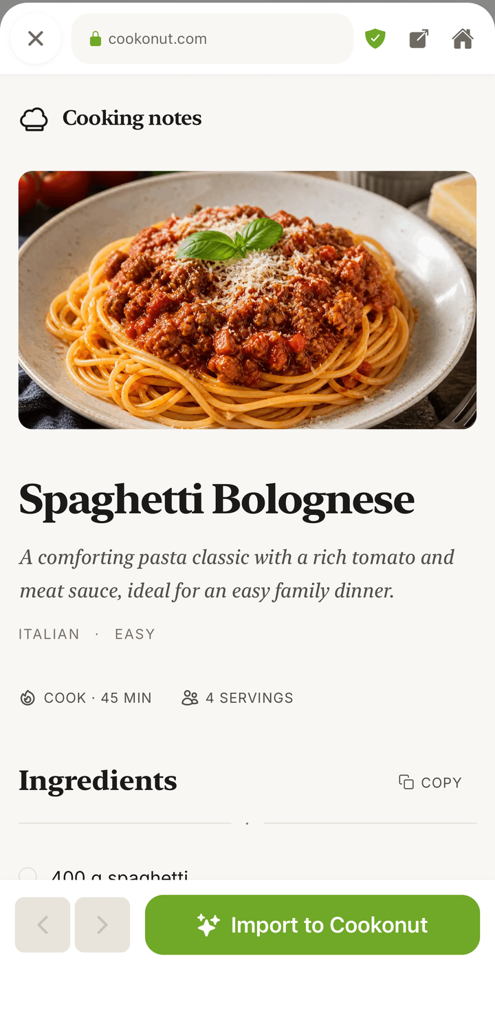 The Search the web browser showing a recipe page with the Save button ready to tap