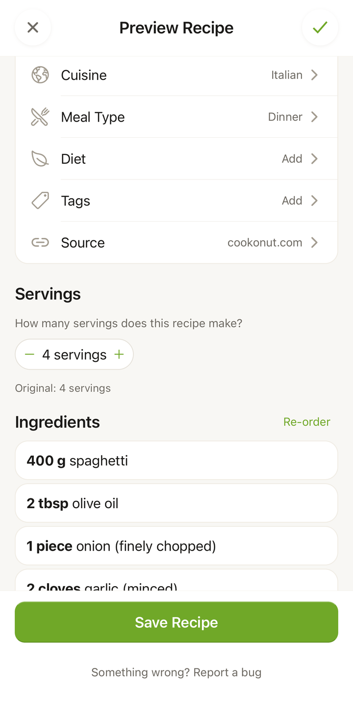 Import preview showing a successfully extracted recipe from a website