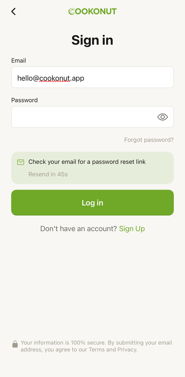 Forgot Password screen with email input field and Send Reset Link button
