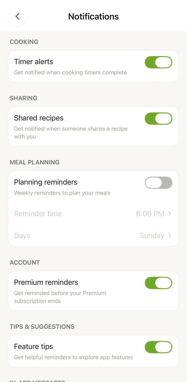 Push notification settings screen with toggles for different notification types