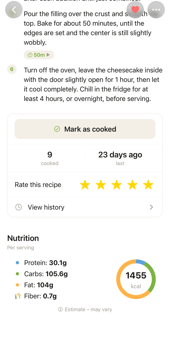 Recipe detail view showing the nutrition information panel with calories, protein, carbs, and fat