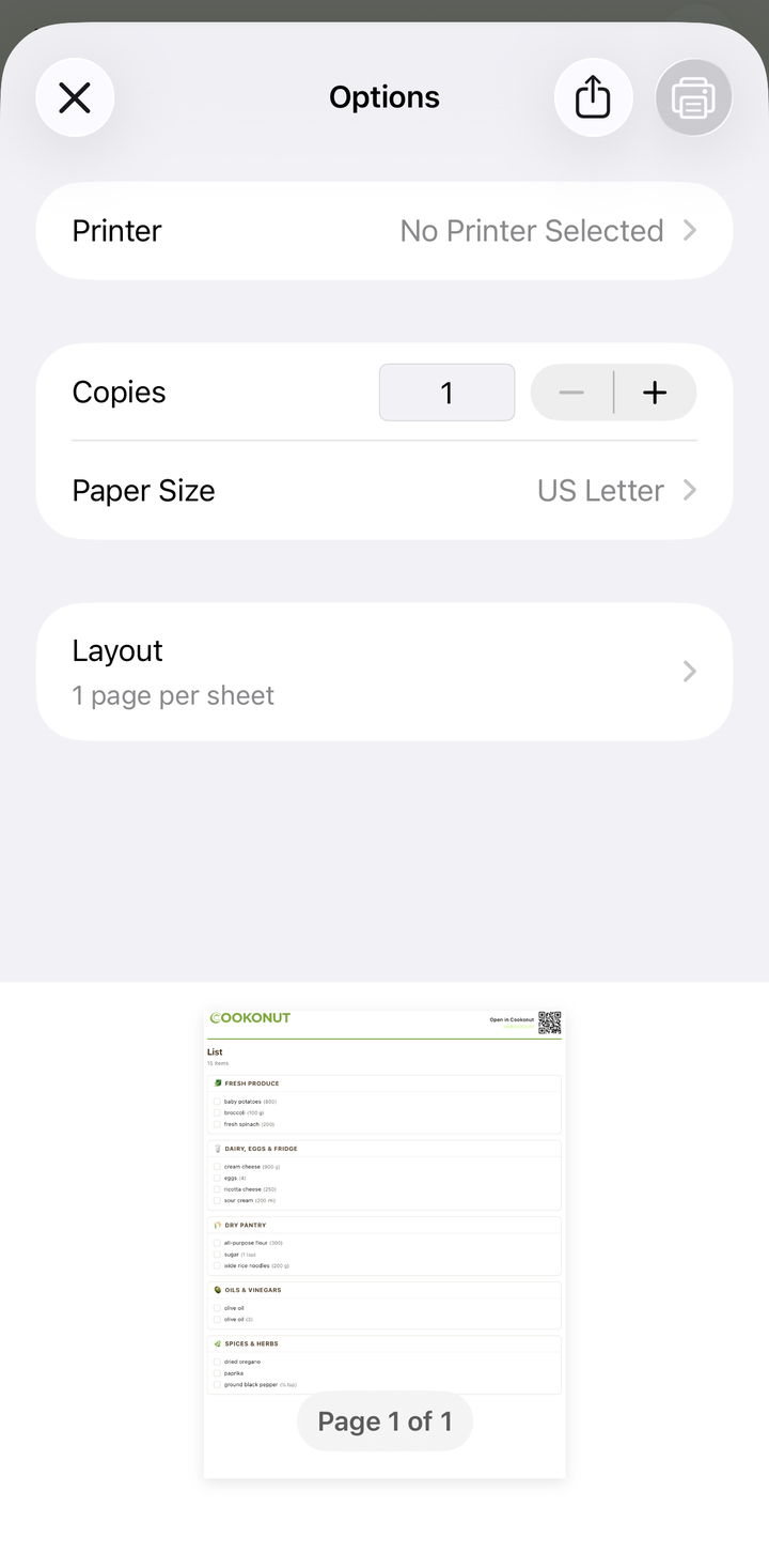 Print dialog showing a preview of the grocery list ready to print