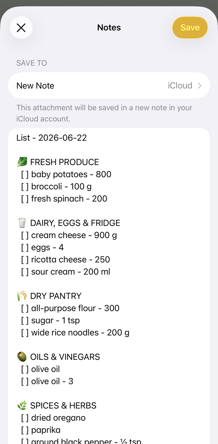 Grocery list exported as text in a notes app